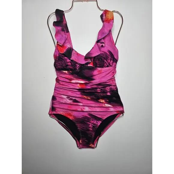 DKNY Women's Ruffle Neck One-Piece Pink Multi XXL New with Tags‎ - Picture 2 of 5